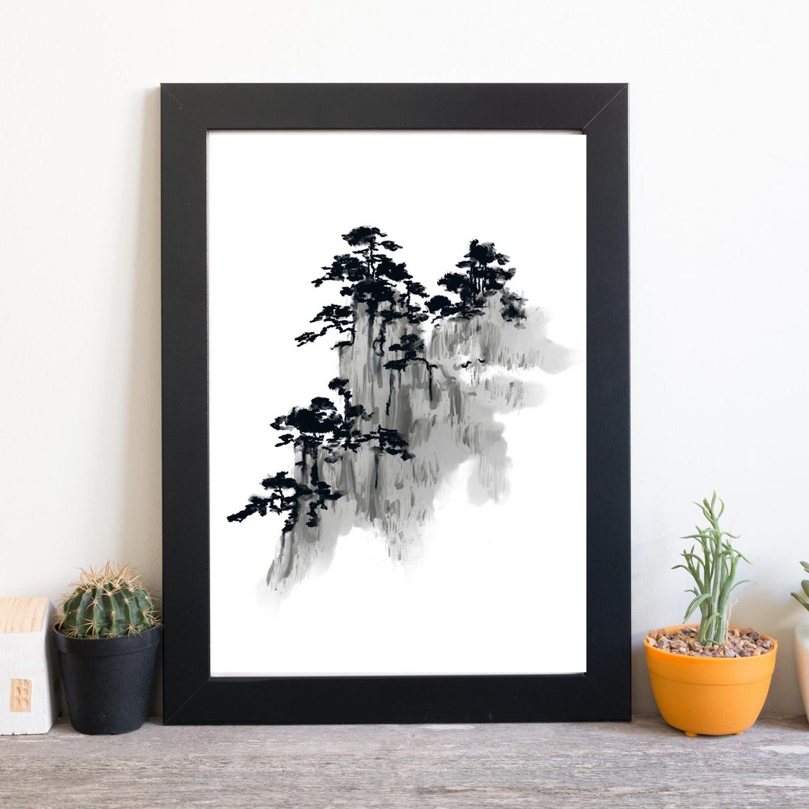 Asian Ink Pine Trees Mountain Cliff Sumi E Misty Japanese Art Poster - Image 2
