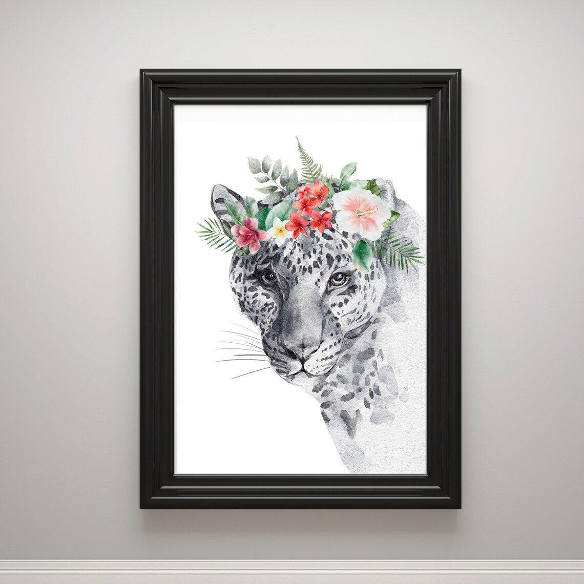 Leopard With Tropical Flower Crown Watercolor Wildlife Safari Art Poster - Image 2