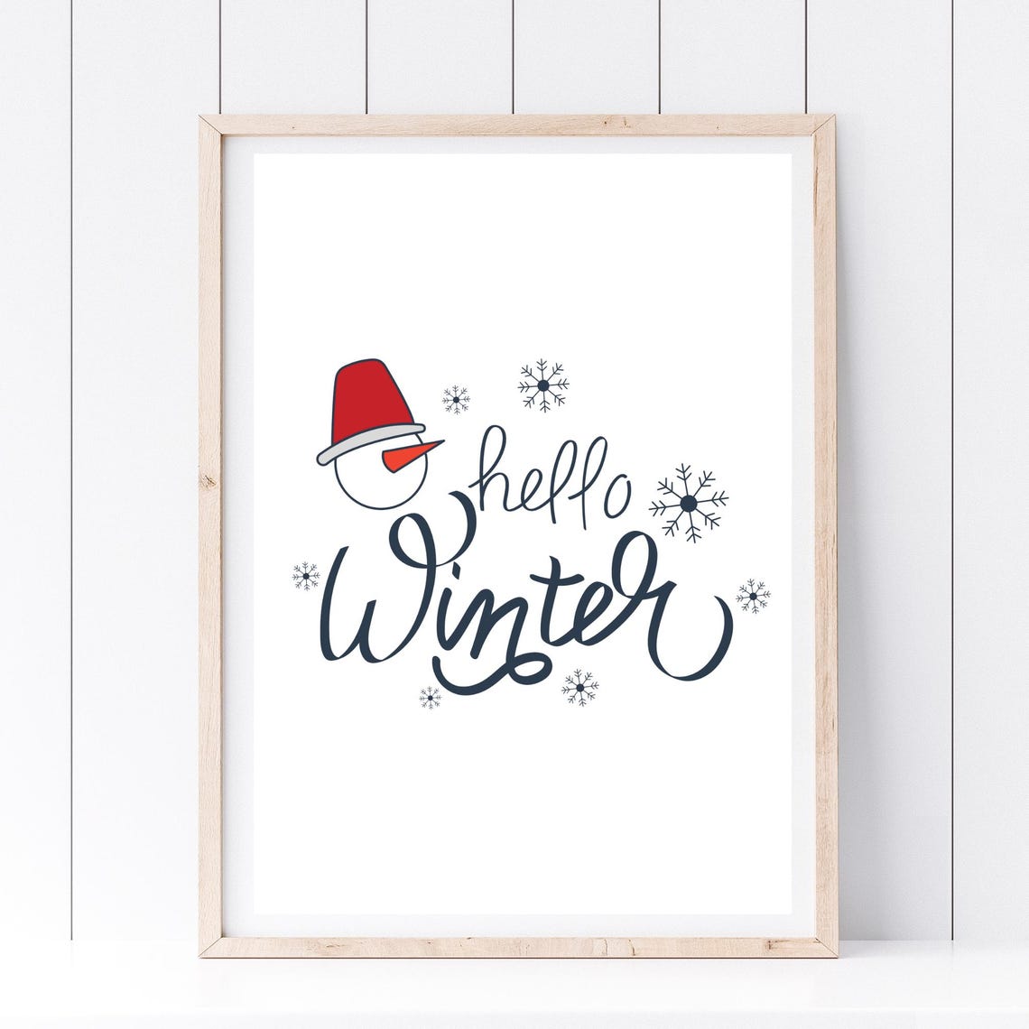 Hello Winter Cute Snowman Face Snowflakes Hand Lettered Wall Art