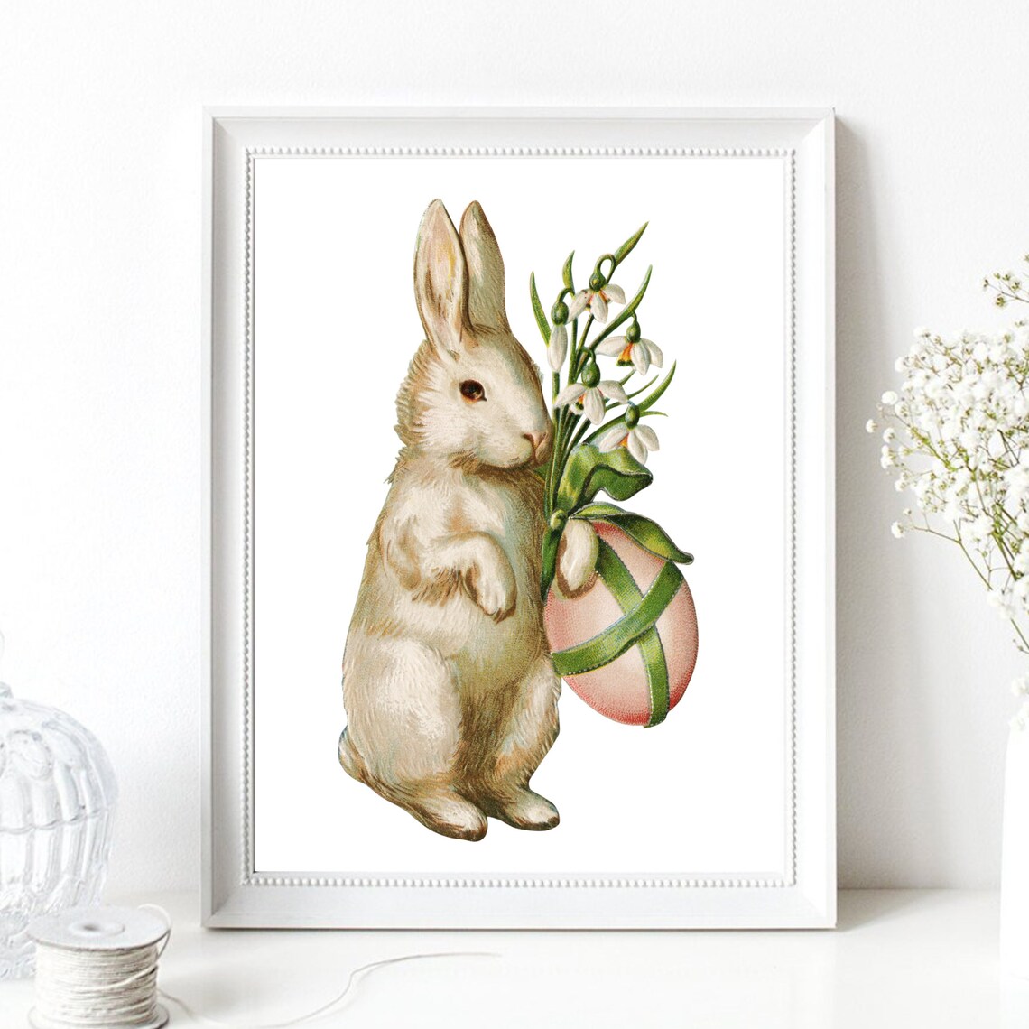 Vintage Easter Bunny Snowdrop Flowers Retro Holiday Animal Wall Art Print