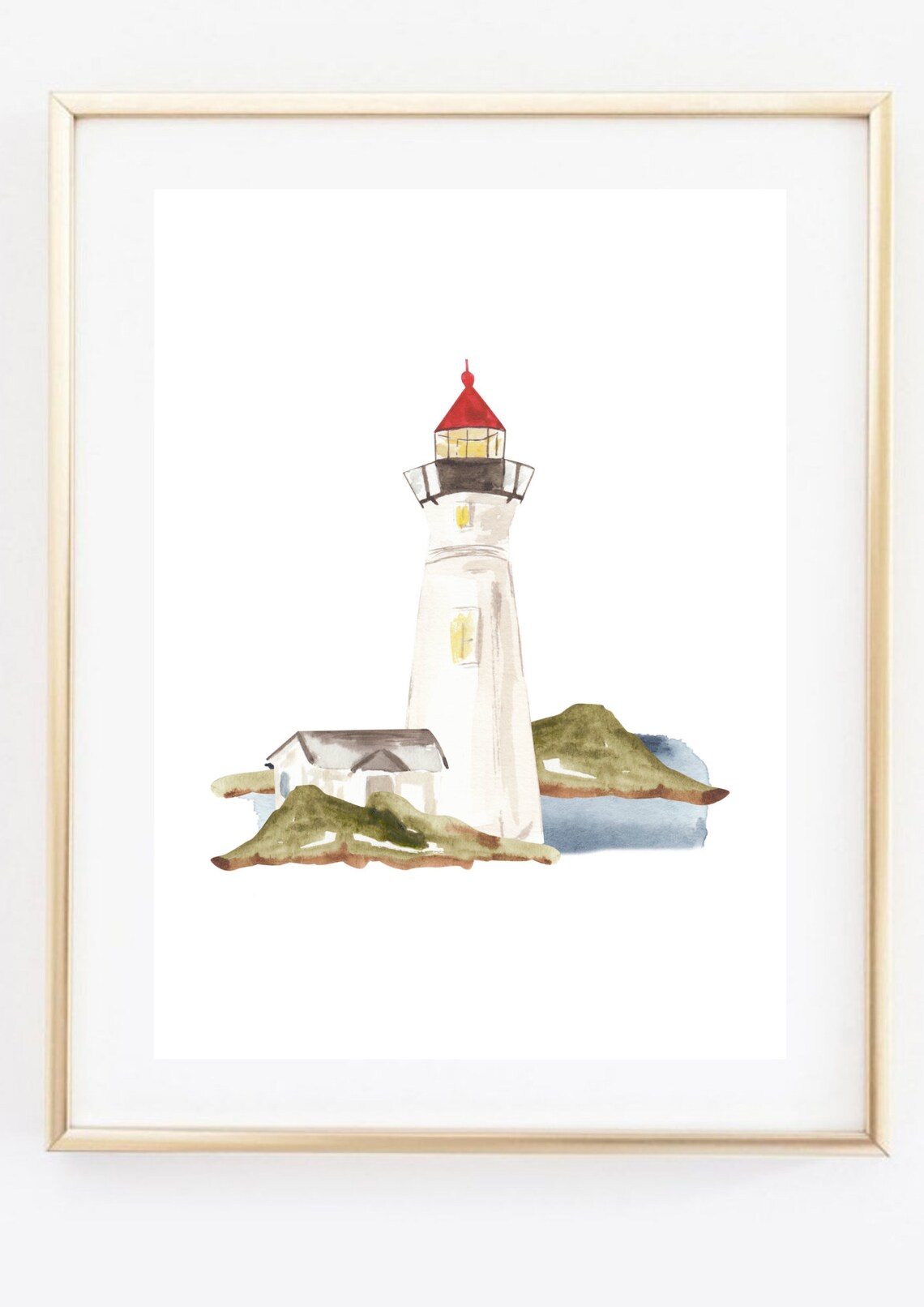 Watercolor Lighthouse with Red Roof Coastal Maritime Wall Art Poster
