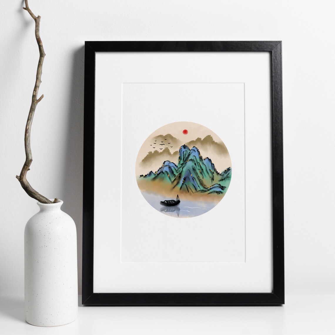 Chinese Ink Wash Blue Green Mountains Red Sun Round Landscape Poster - Image 3