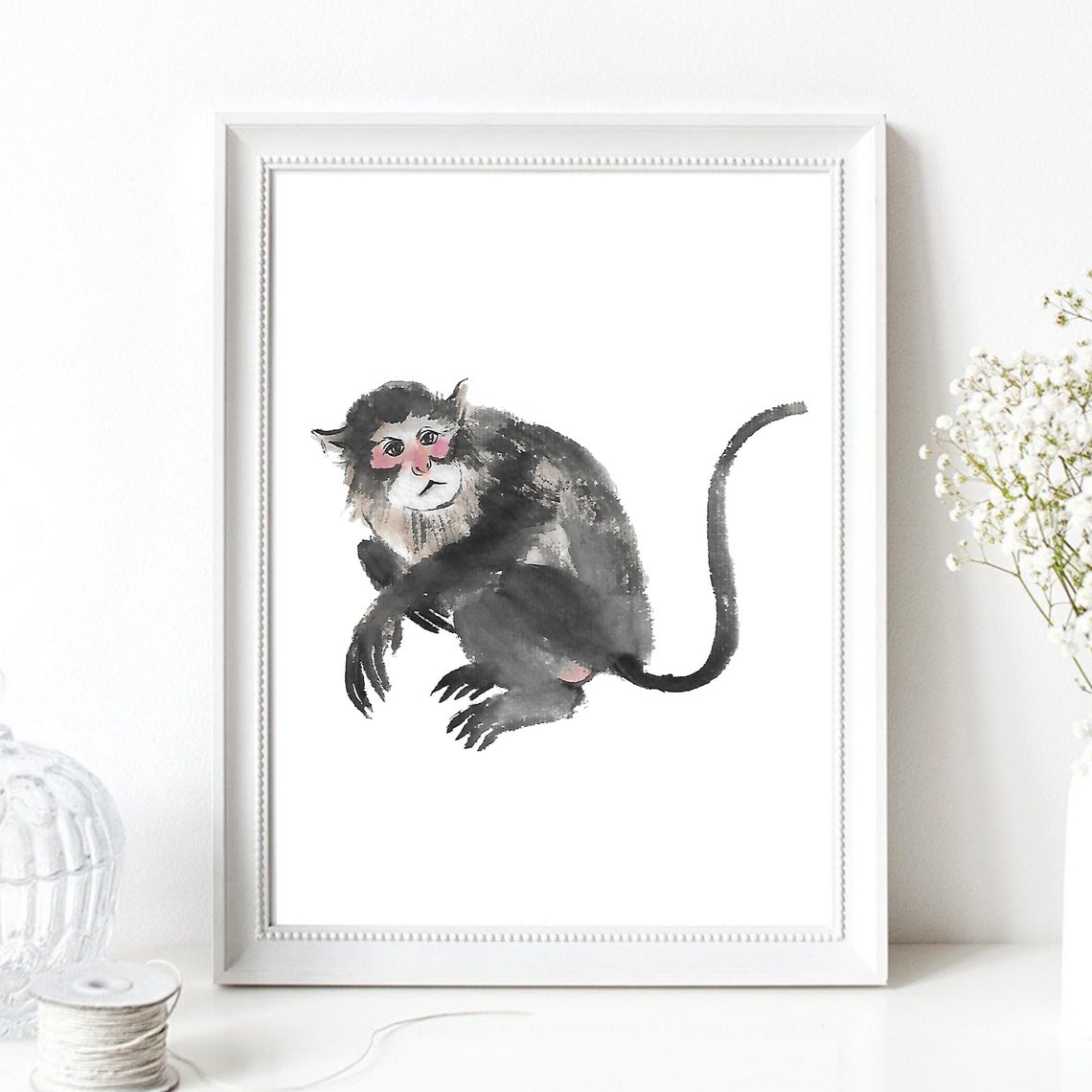Baboon Monkey, Ink Watercolor Art Print - Image 3