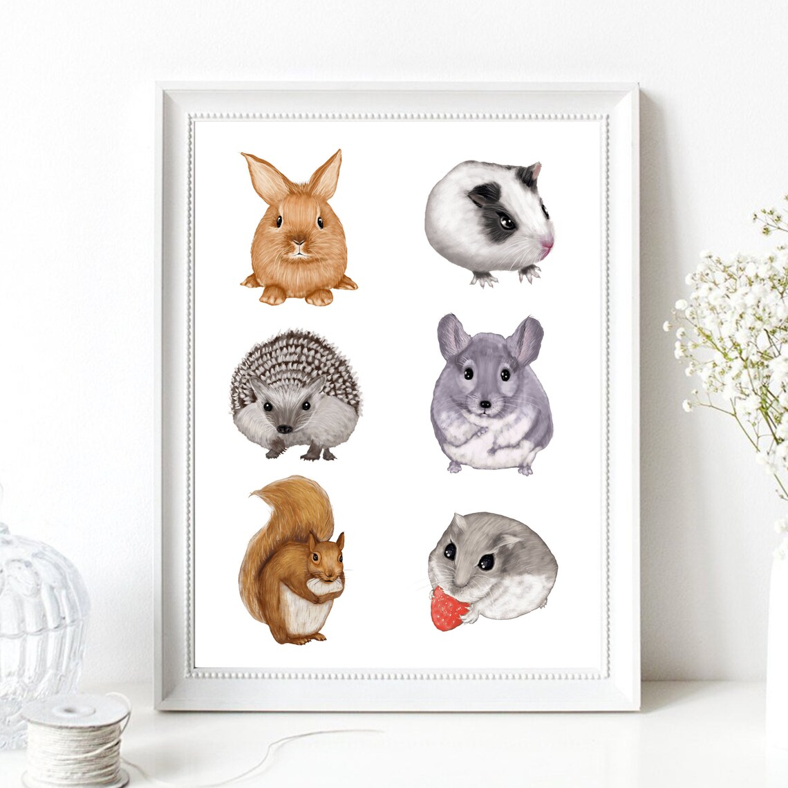 Cute Baby Animals Watercolor Poster Rabbit Guinea Pig Hedgehog Nursery - Image 3