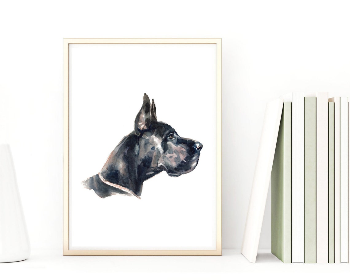 Great Dane Black Watercolor Profile Portrait Dog Breed Wall Art