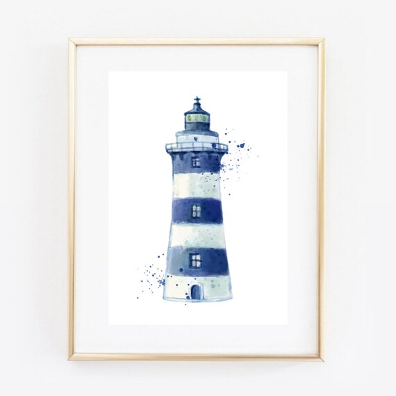 Blue Striped Lighthouse Watercolor Maritime Nautical Coastal Wall Art Print
