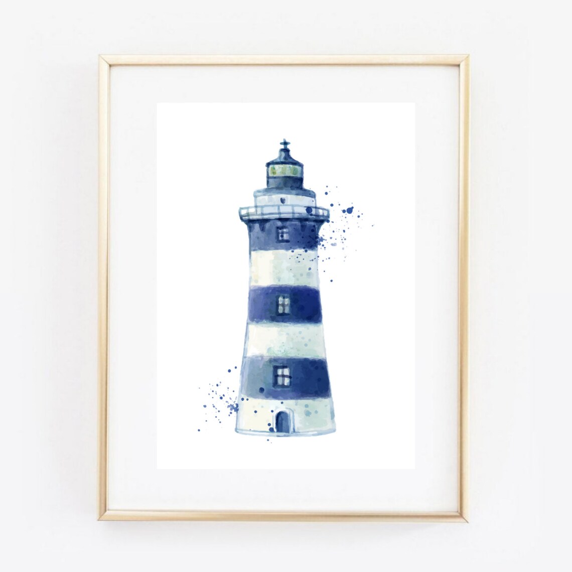 Blue Striped Lighthouse Watercolor Maritime Nautical Coastal Wall Art Print