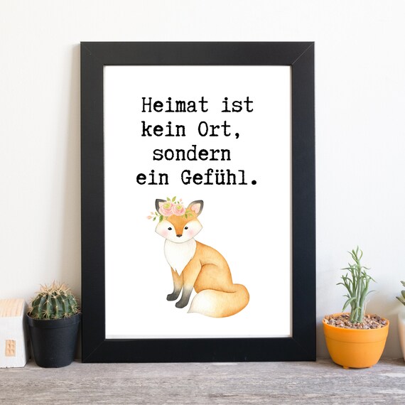 Home Is A Feeling Fox Flower Crown Watercolor German Quote Wall Art
