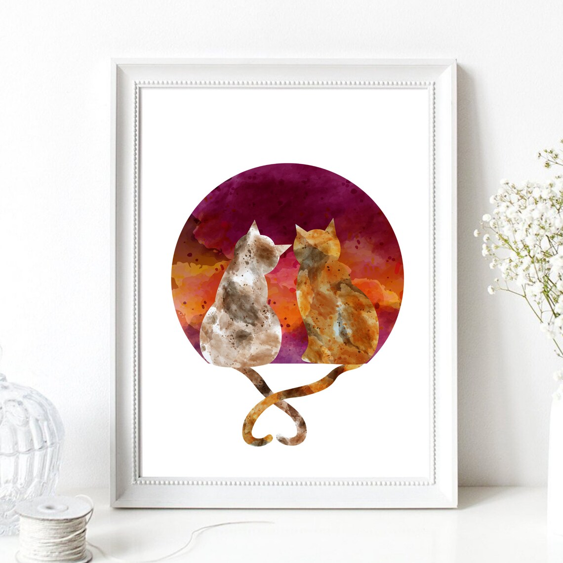 Sweet Cat Couple Sunset Circle Watercolor Tails Heart Wall Art