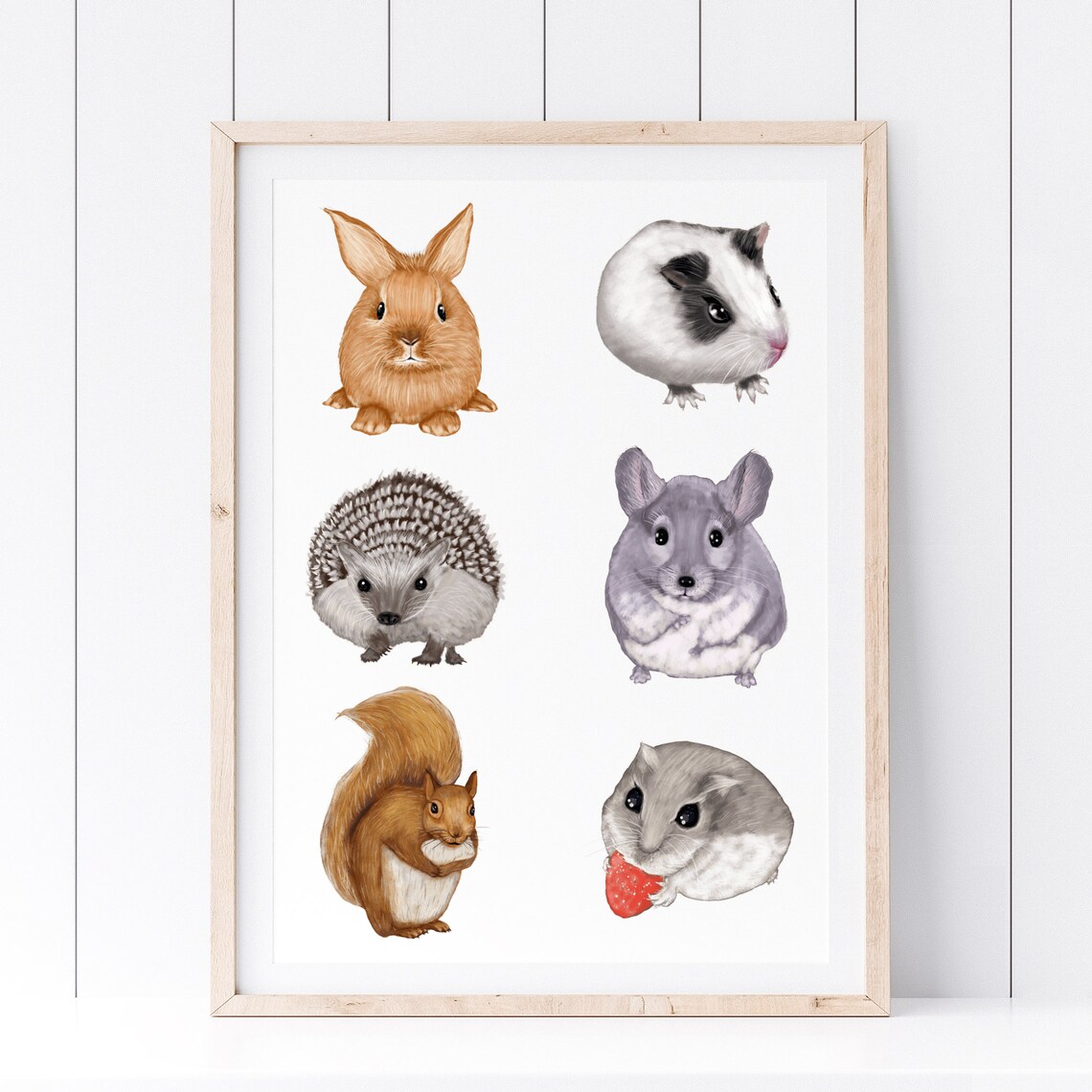 Cute Baby Animals Watercolor Poster Rabbit Guinea Pig Hedgehog Nursery