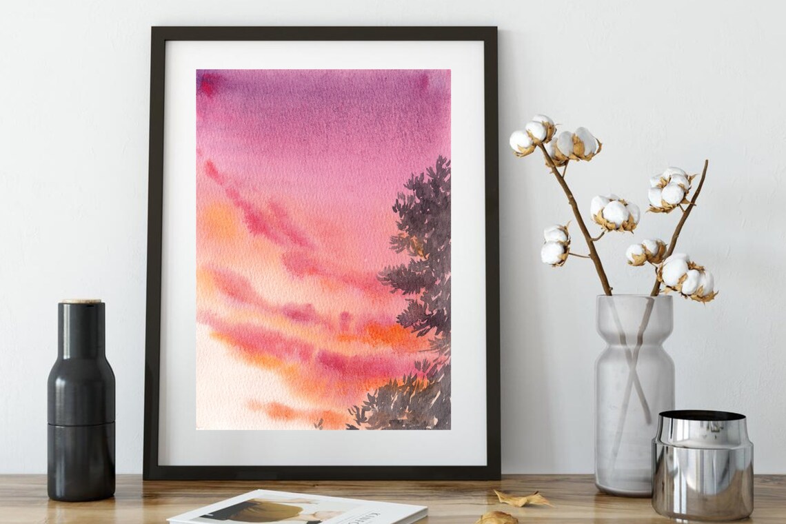 Watercolor Red Sunset Sky Fir Trees Evening Glow Nature Art Poster - Image 3
