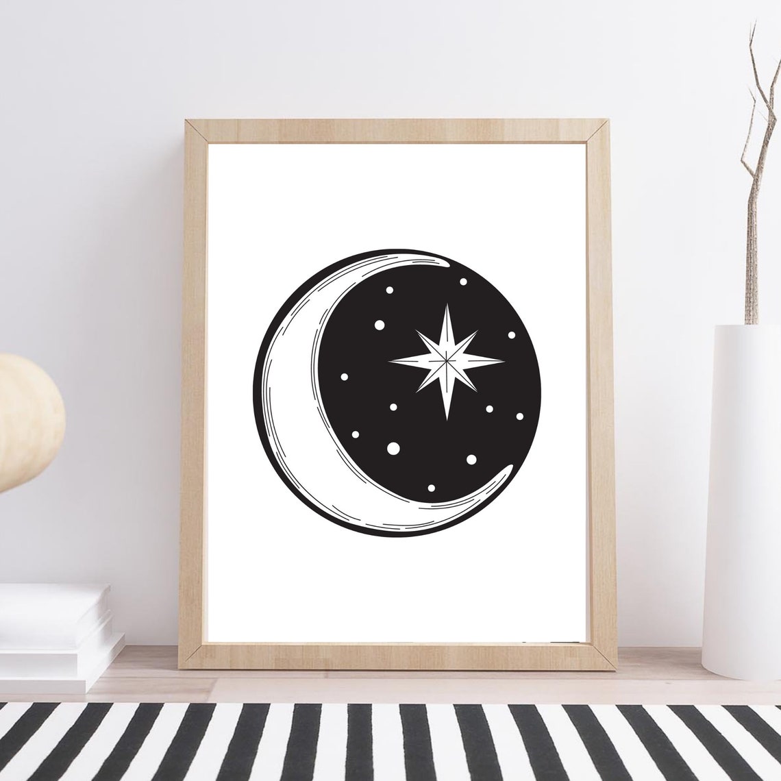Moon And Stars Graphic Night Sky Black White Minimal Art Wall Poster - Image 3