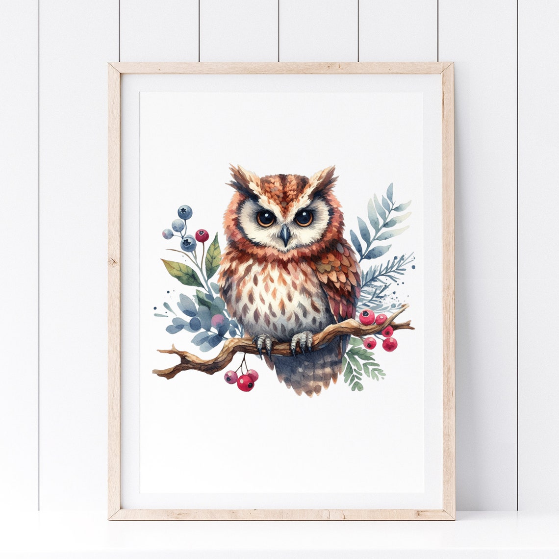 Cute Watercolor Owl Branch Botanical Bird Art Nursery Poster - Image 2