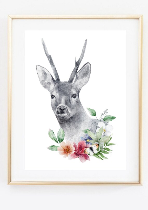 Roe Deer with Flower Wreath Watercolor Portrait Woodland Art Poster