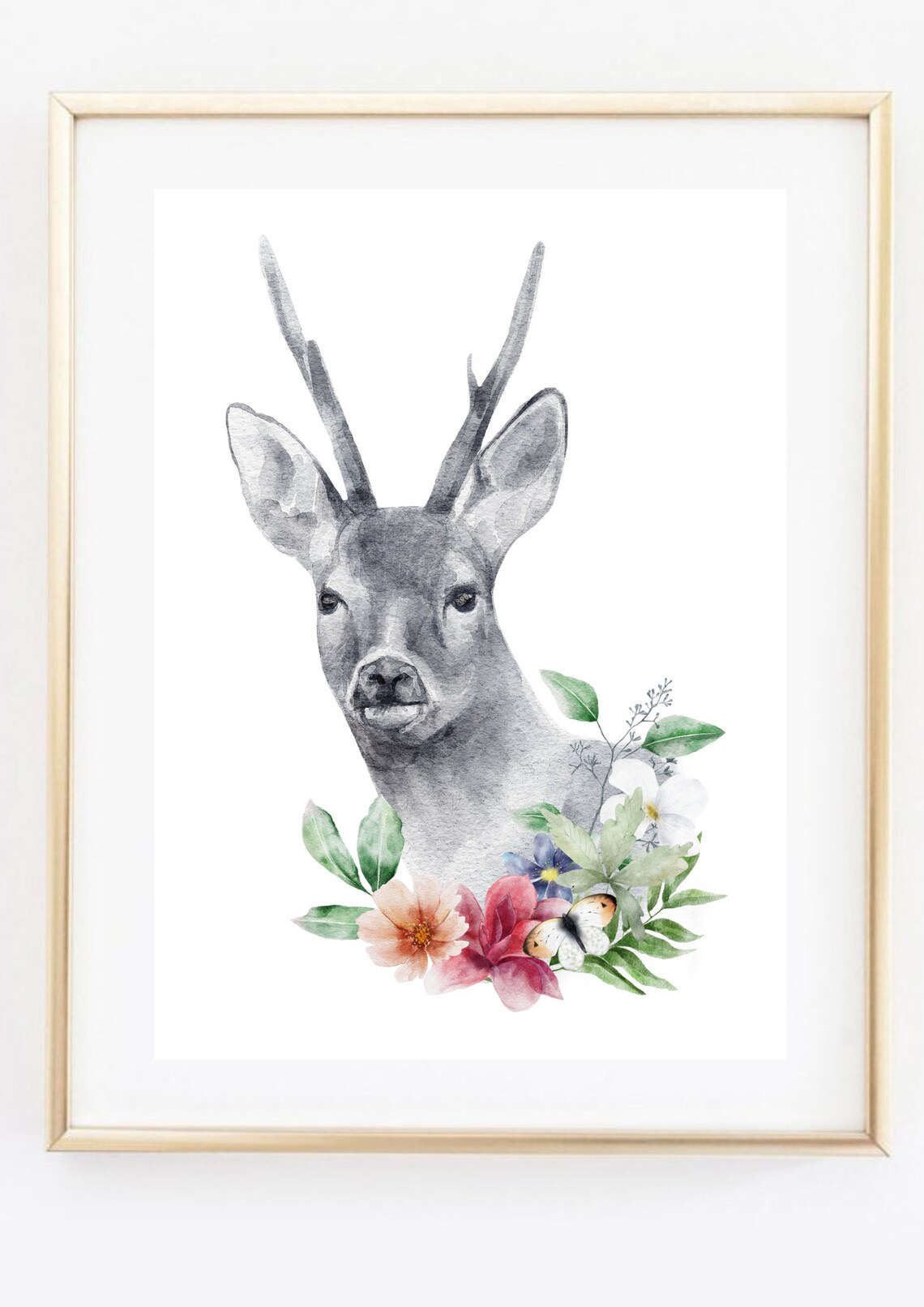 Roe Deer with Flower Wreath Watercolor Portrait Woodland Art Poster