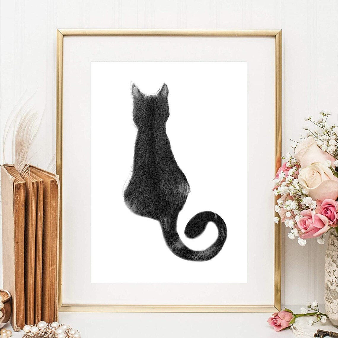 Black Cat Rear View Watercolor Minimalist Sitting Cat Art Print - Image 2
