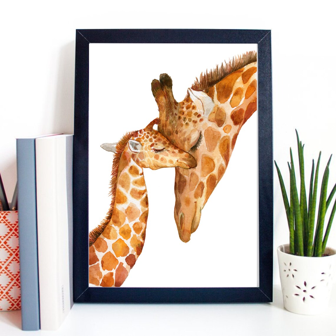 Giraffe Mother Baby Nuzzling Watercolor Tender Nursery Art Print - Image 2