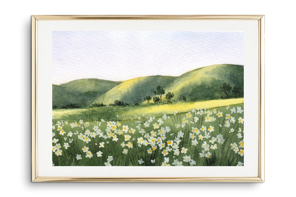 Daffodil Meadow Rolling Green Hills Watercolor Landscape Art Print