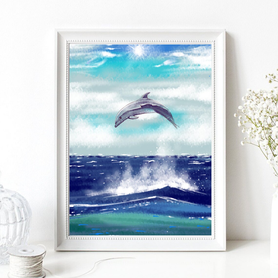 Din A4 Art Print Without Frame Jumping Dolphin Dolphin Sea Ocean Watercolor Blue Maritime Print Poster Image