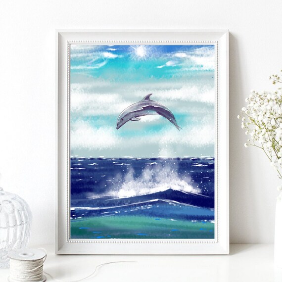 Din A4 Art Print Without Frame Jumping Dolphin Dolphin Sea Ocean Watercolor Blue Maritime Print Poster Image