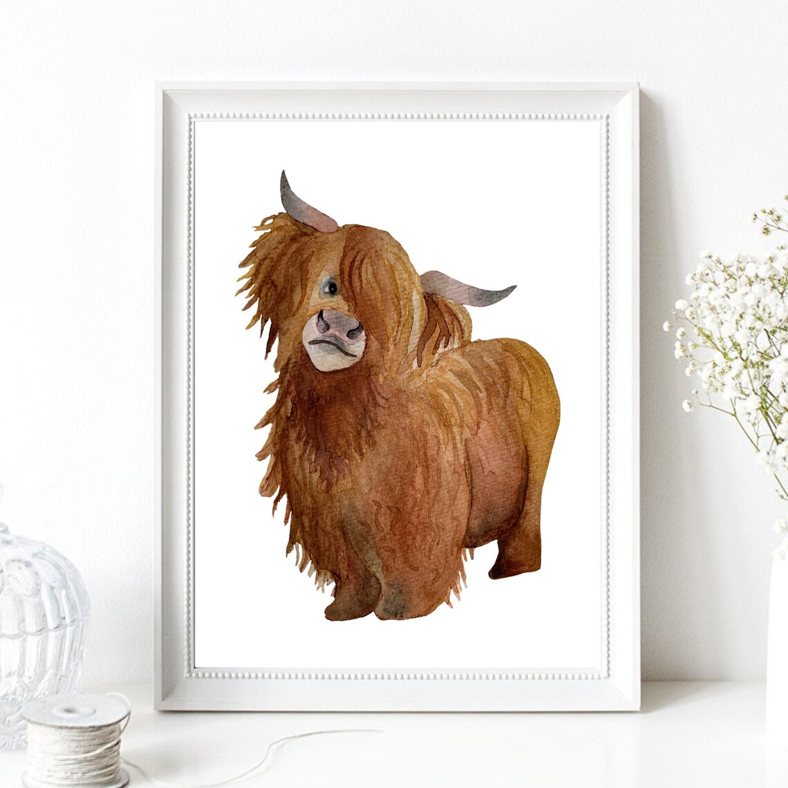 Highland Cow Shaggy Brown Cute Watercolor Farm Animal Art Print - Image 2