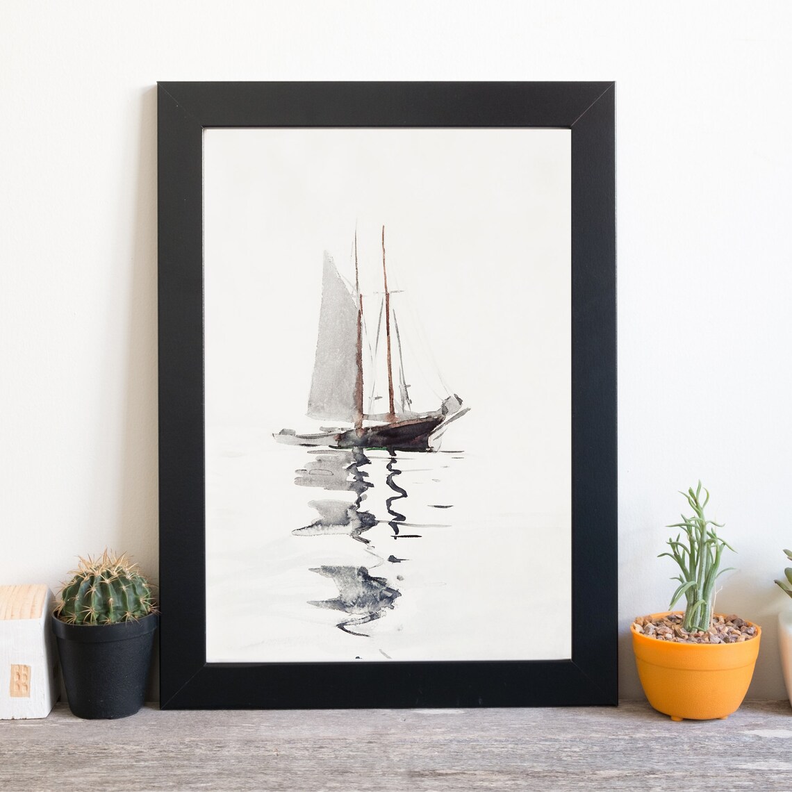 Minimalist Sailboat Watercolor Gray Sailing Boat Calm Sea Nautical Poster - Image 3