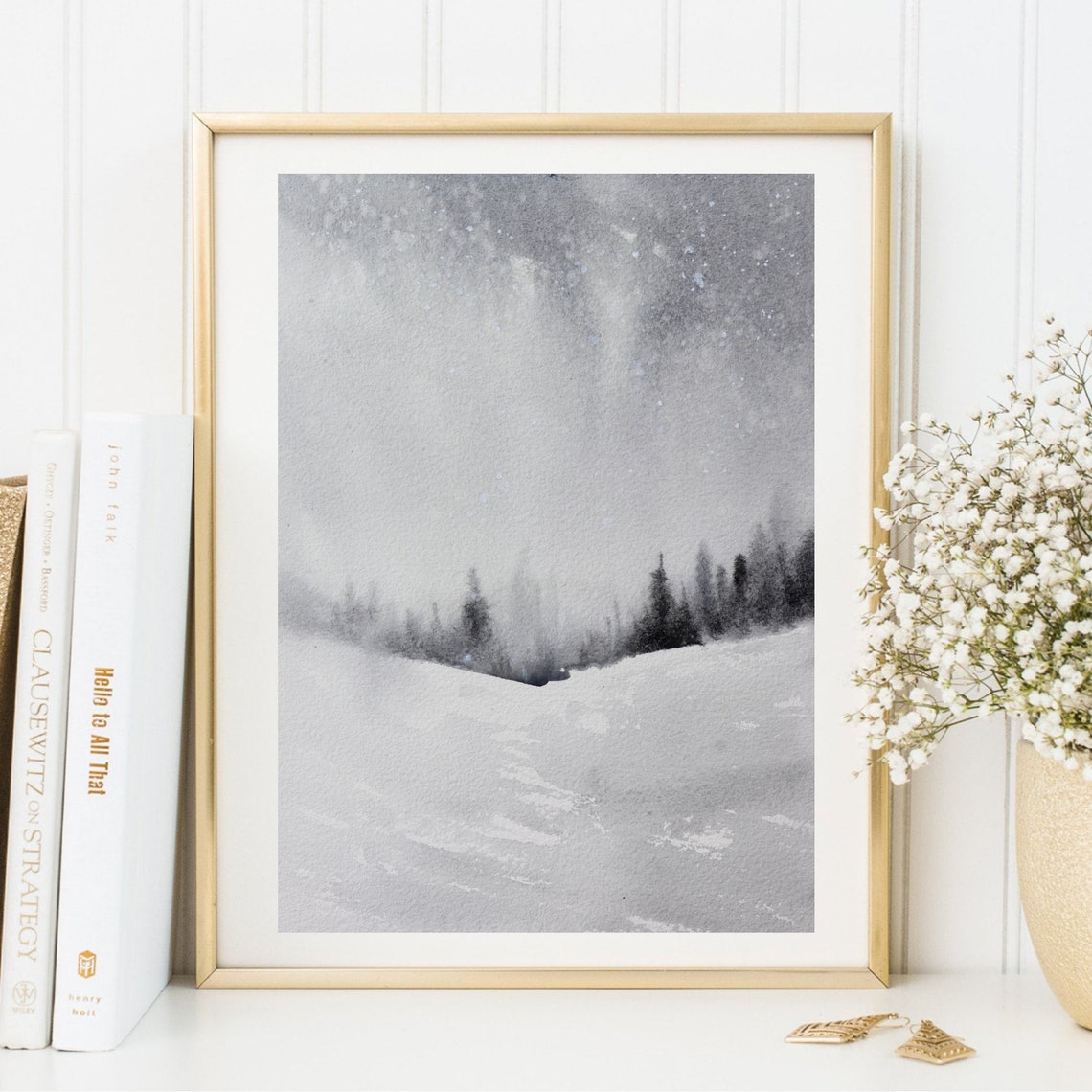 Misty Winter Forest Watercolor Poster Snowy Fir Trees Gray Landscape