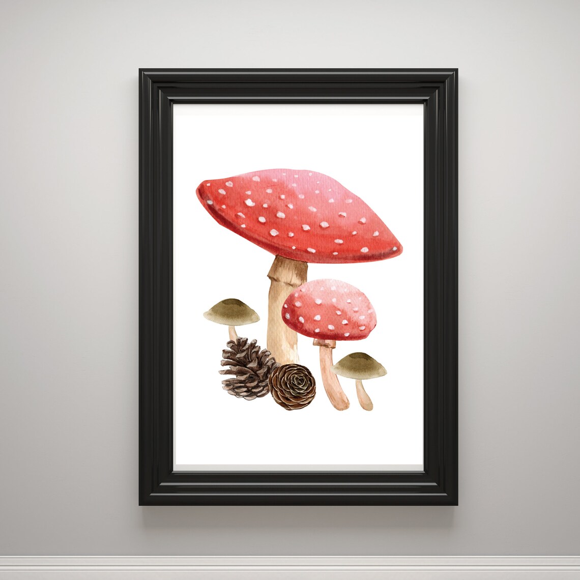 Red Fly Agaric Mushrooms with Pinecones Watercolor Autumn Wall Art