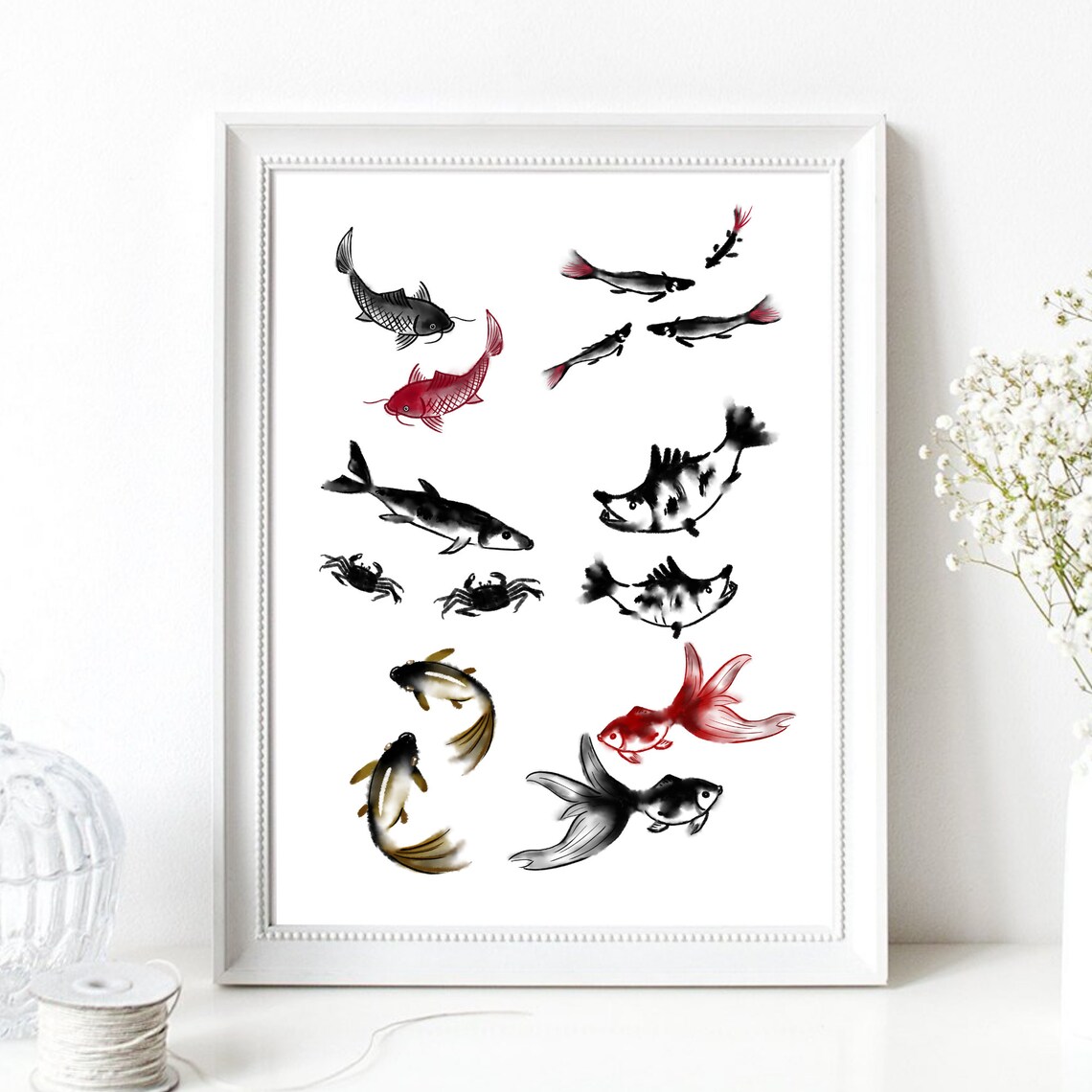 Koi Fish Goldfish Ink Watercolor Asian Aquatic Collection Poster