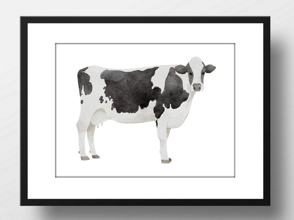 Black And White Cow Watercolor Farm Animal Minimalist Wall Art Poster