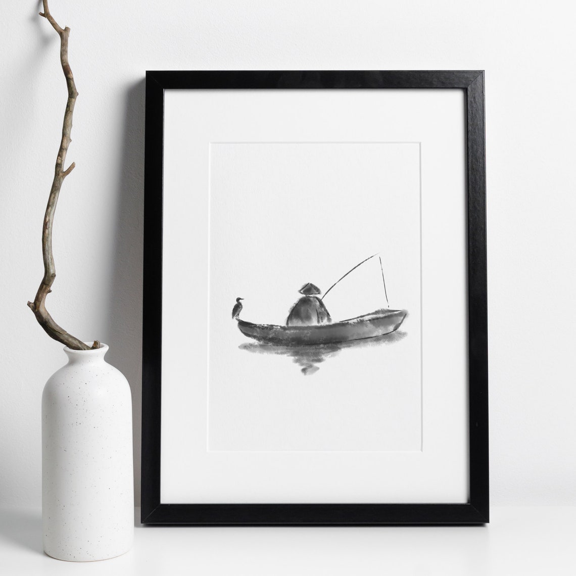 Din A4 Art Print Without Frame Angler Cormorant Fisherman Fisherman Fishing Boat Fishing Ink Watercolor Asian Painting Poster - Image 3