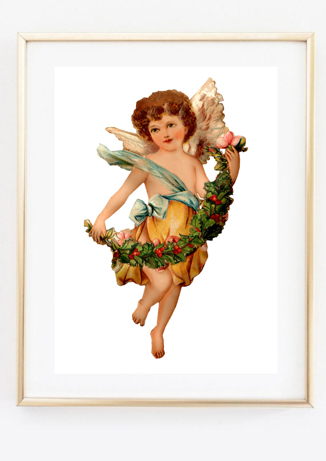 Christmas Cherub Angel With Berry Garland Vintage Art Print Gift - Image 2