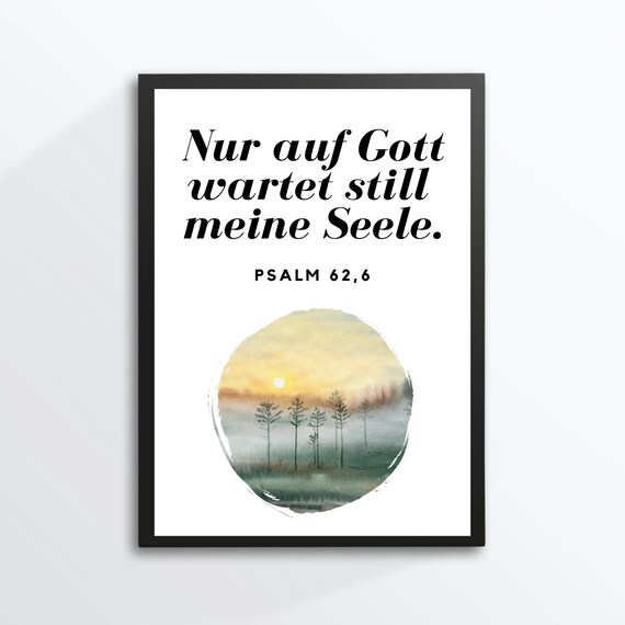 Psalm 626 German Bible Verse My Soul Waits For God Watercolor Sunset Poster