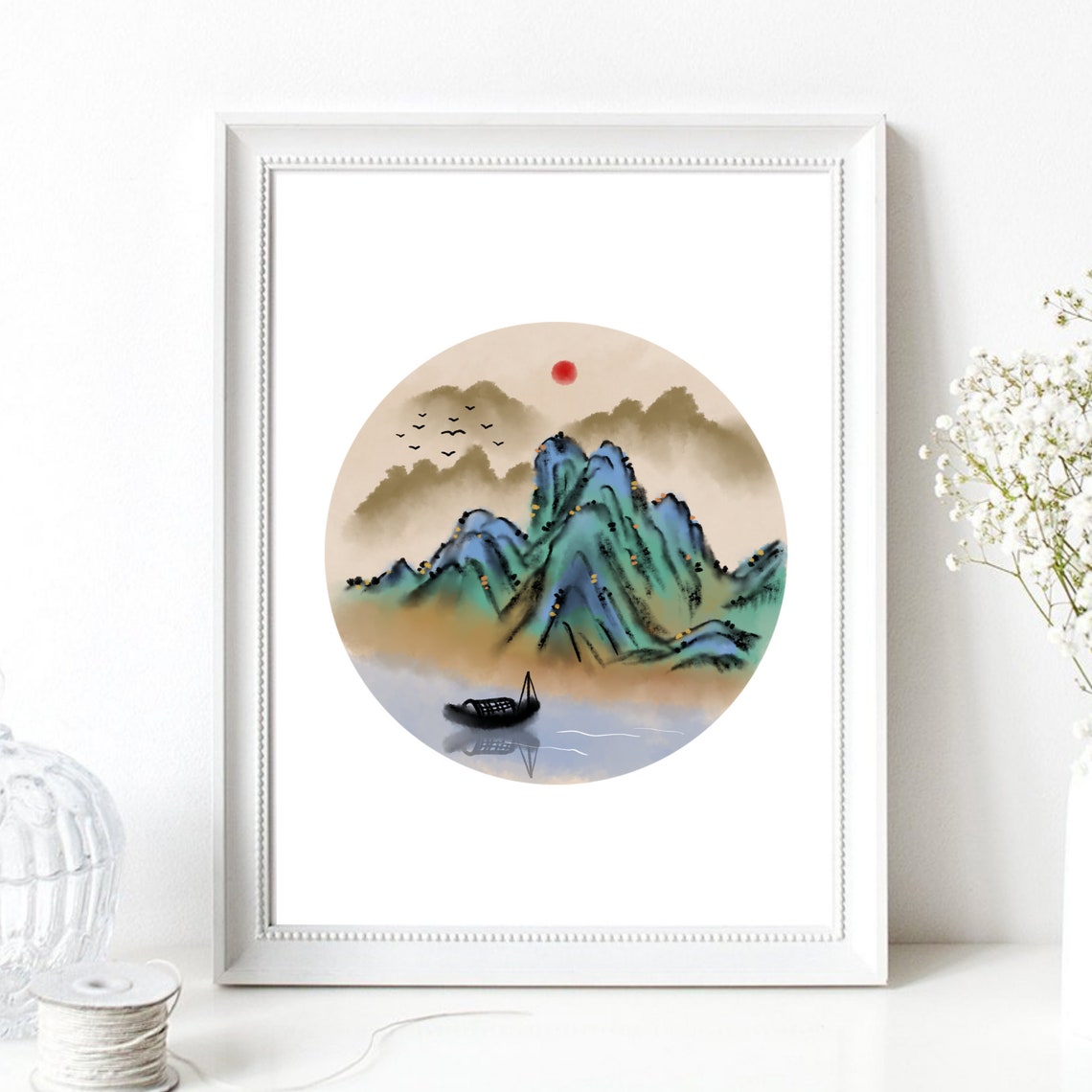 Chinese Ink Wash Blue Green Mountains Red Sun Round Landscape Poster