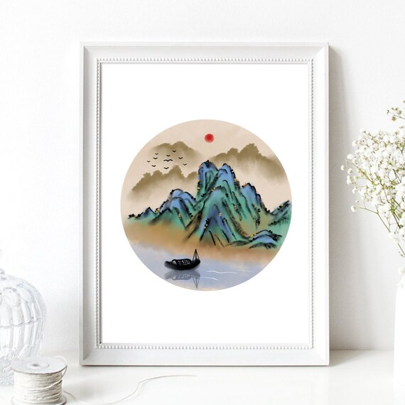 Din A4 Art Print Without Frame Boat Off Mountains Landscape Mountains Asia China Ink Watercolor Asian Painting Poster