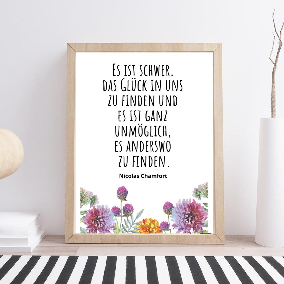 Nicolas Chamfort Happiness Quote German Typography Watercolor Floral Print - Image 2