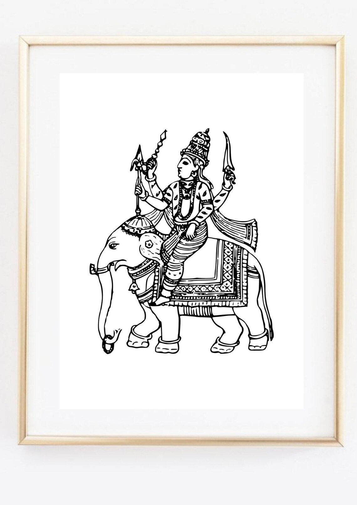Hindu God Indra Riding Elephant Black Line Art Yoga Spiritual Poster - Image 2