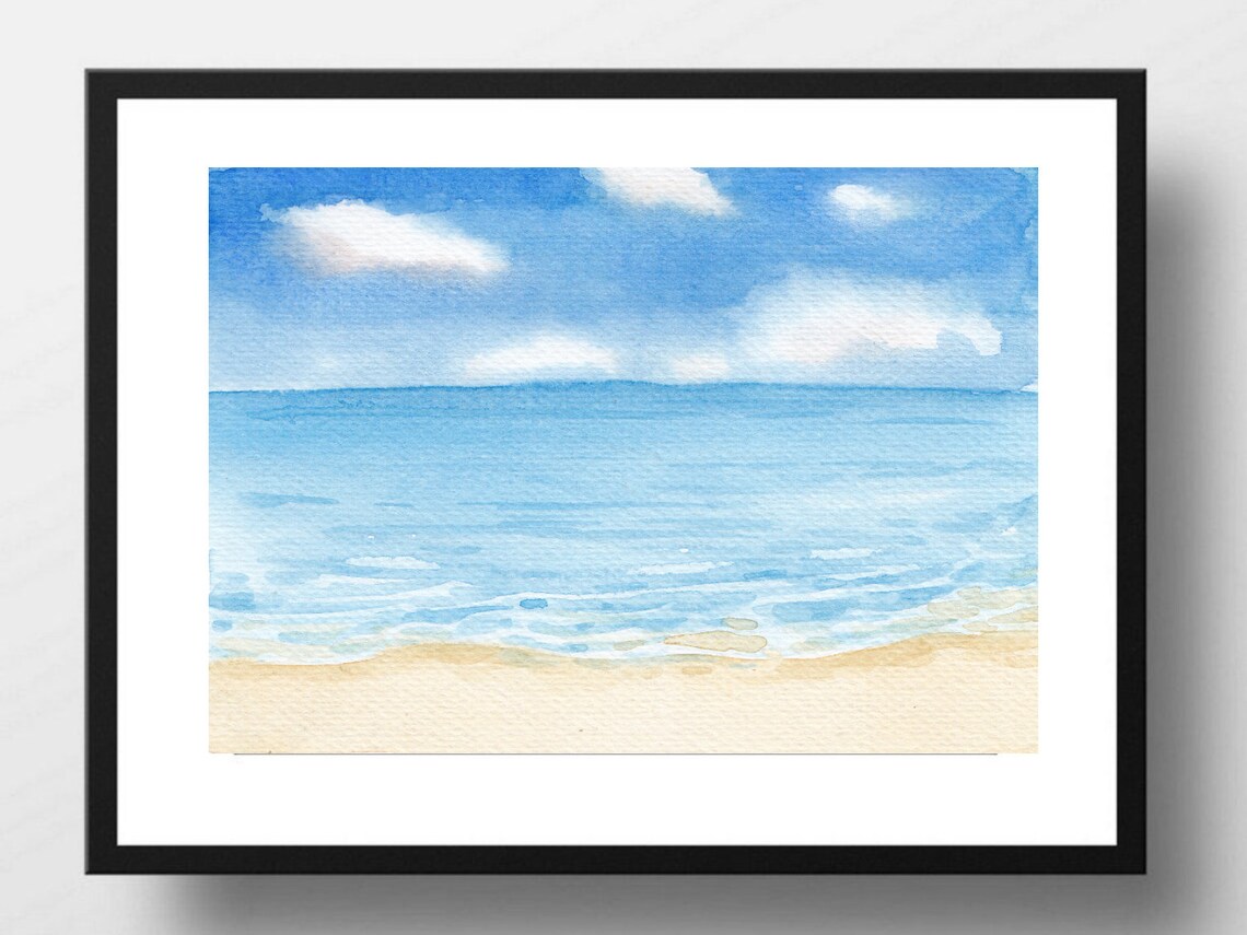 Watercolor Beach Seascape Ocean Waves Sand Calming Art Print Poster
