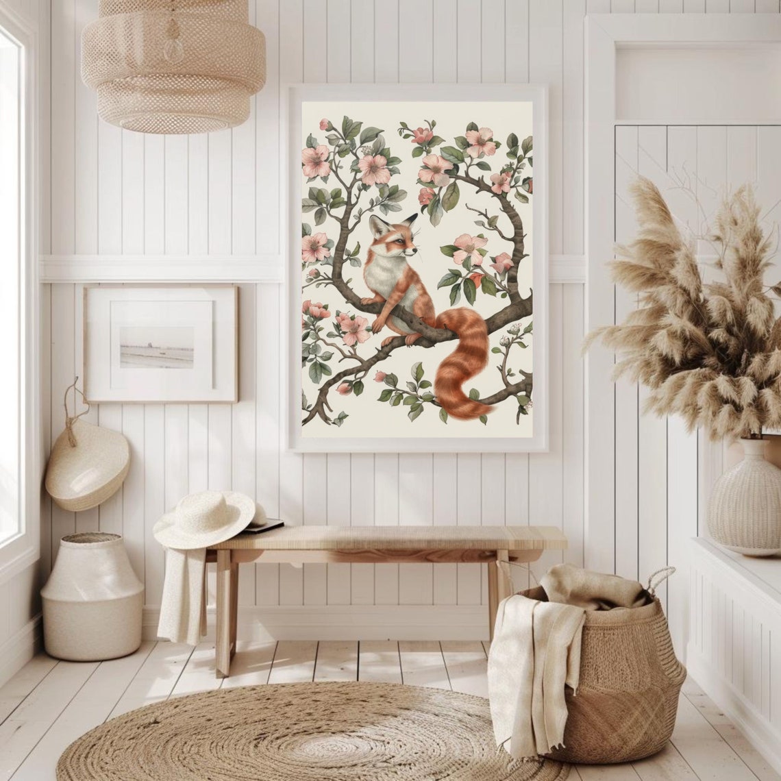 Vintage Red Fox Sitting on a Flowering Blossom Branch Art Poster