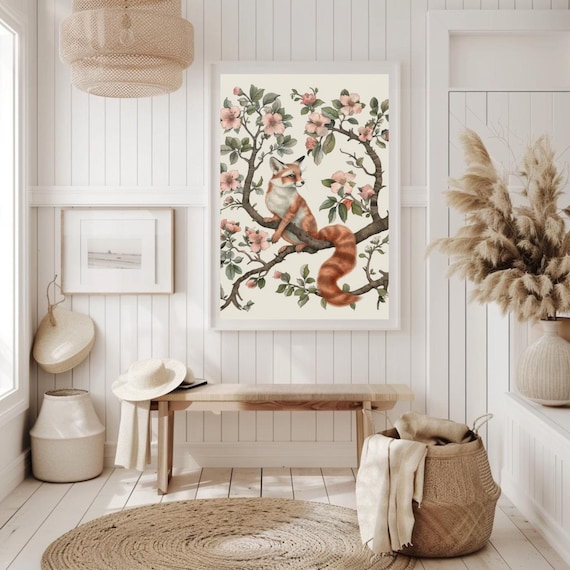 Vintage Red Fox Sitting on a Flowering Blossom Branch Art Poster