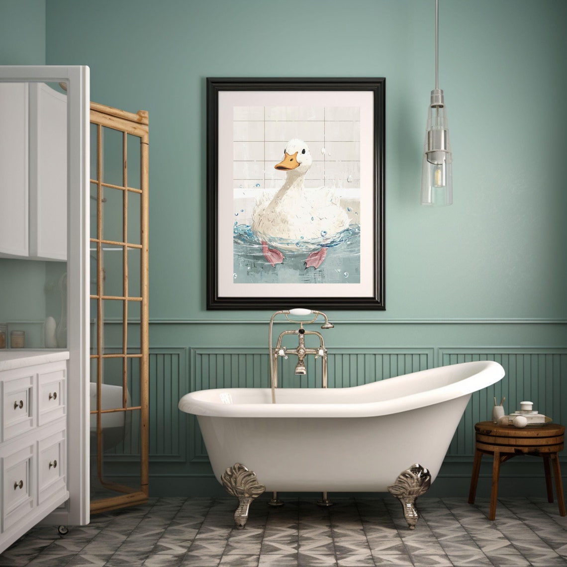 Cheerful White Duck Splashing in Bathtub Funny Bathroom Poster
