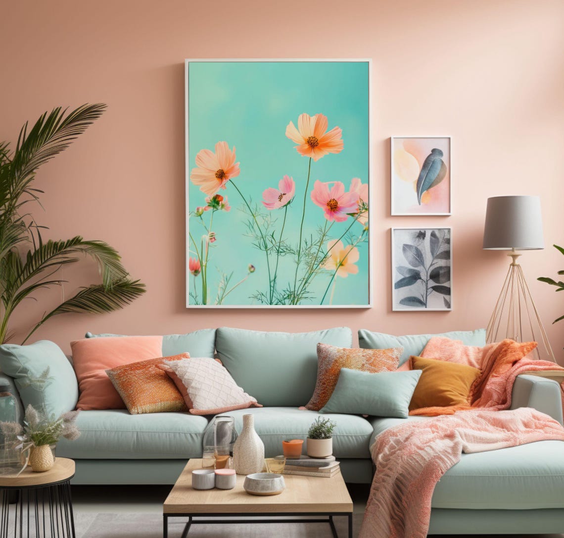 Peach Cosmos Flowers Against a Mint Green Background Floral Poster