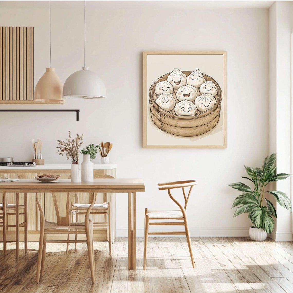 Cute Smiling Dumplings in a Bamboo Steamer Kitchen Art Wall Poster