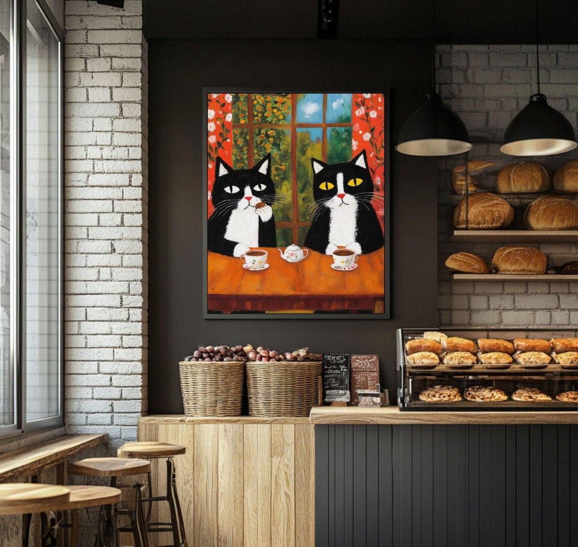 Two Cats Drinking Tea Folk Art Kitchen Poster for Cat Lovers