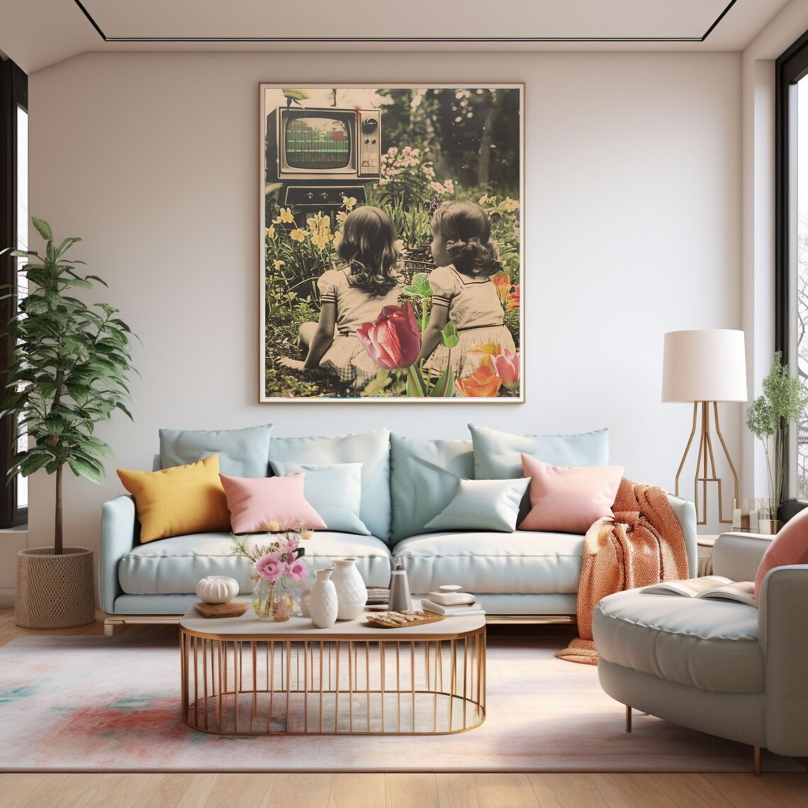 Two Girls and a Vintage TV Surreal Garden Collage Art Poster
