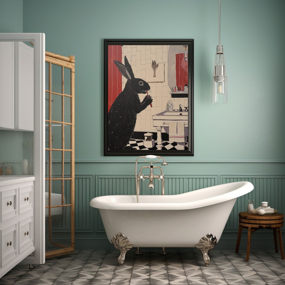 Black Bunny Brushing Teeth Vintage Bathroom Funny Art Poster