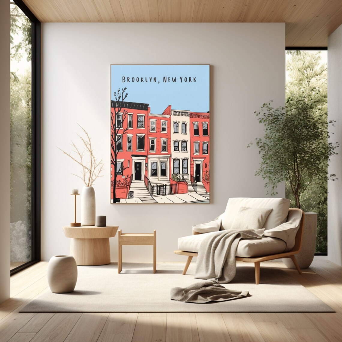 Brooklyn New York Brownstone Row Houses Colorful Travel Art Poster