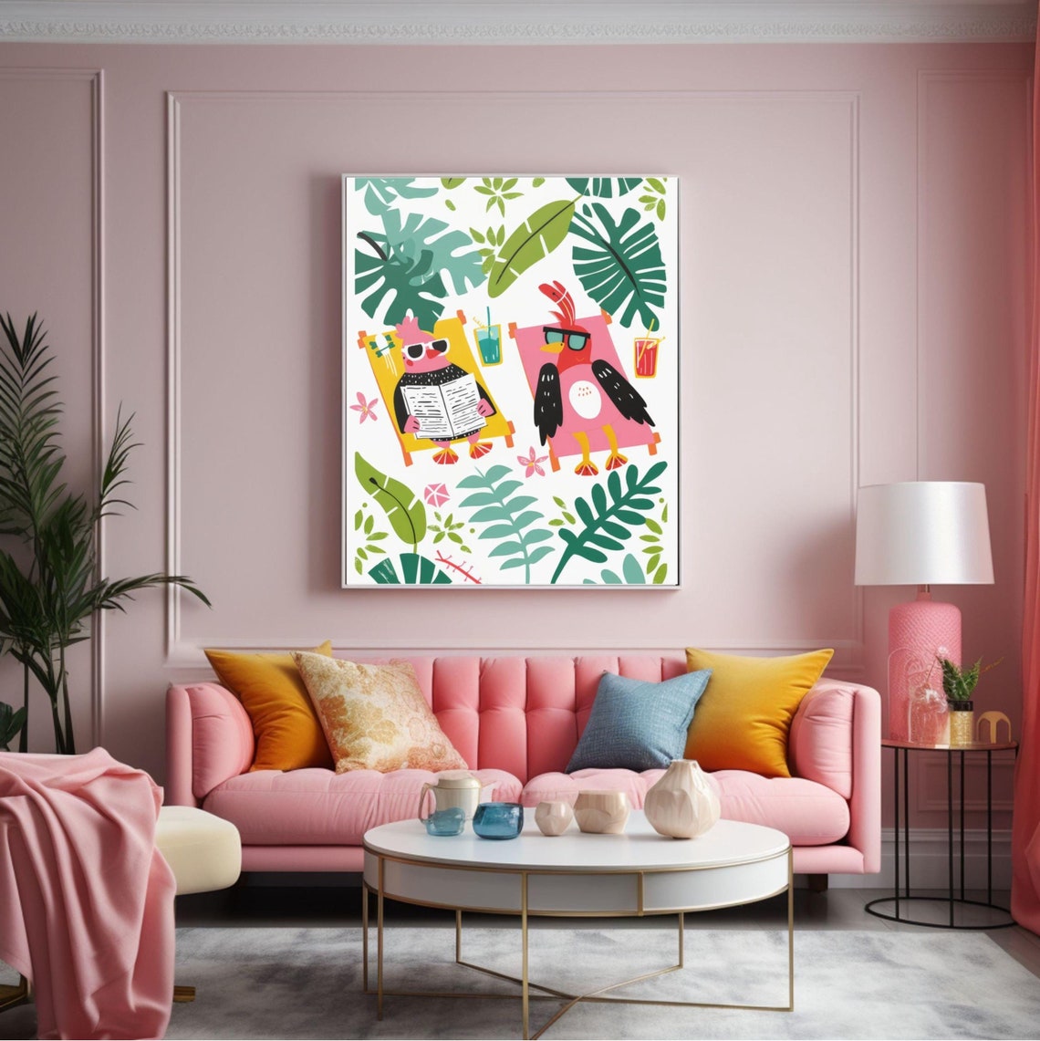 Funny Tropical Birds On Beach Chairs Poster Cute Summer Decor Art