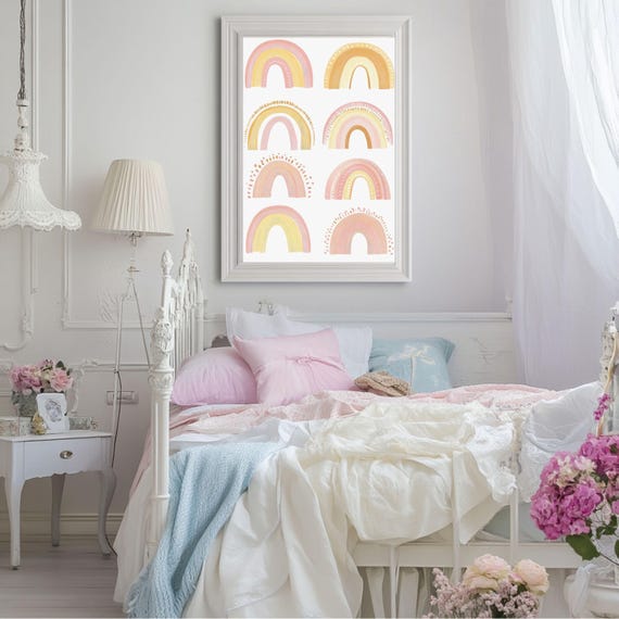 Pink Rainbows Wall Art Cute Girlie Poster Dorm Room Art Nursery Decor Playroom Decor Rainbows Print