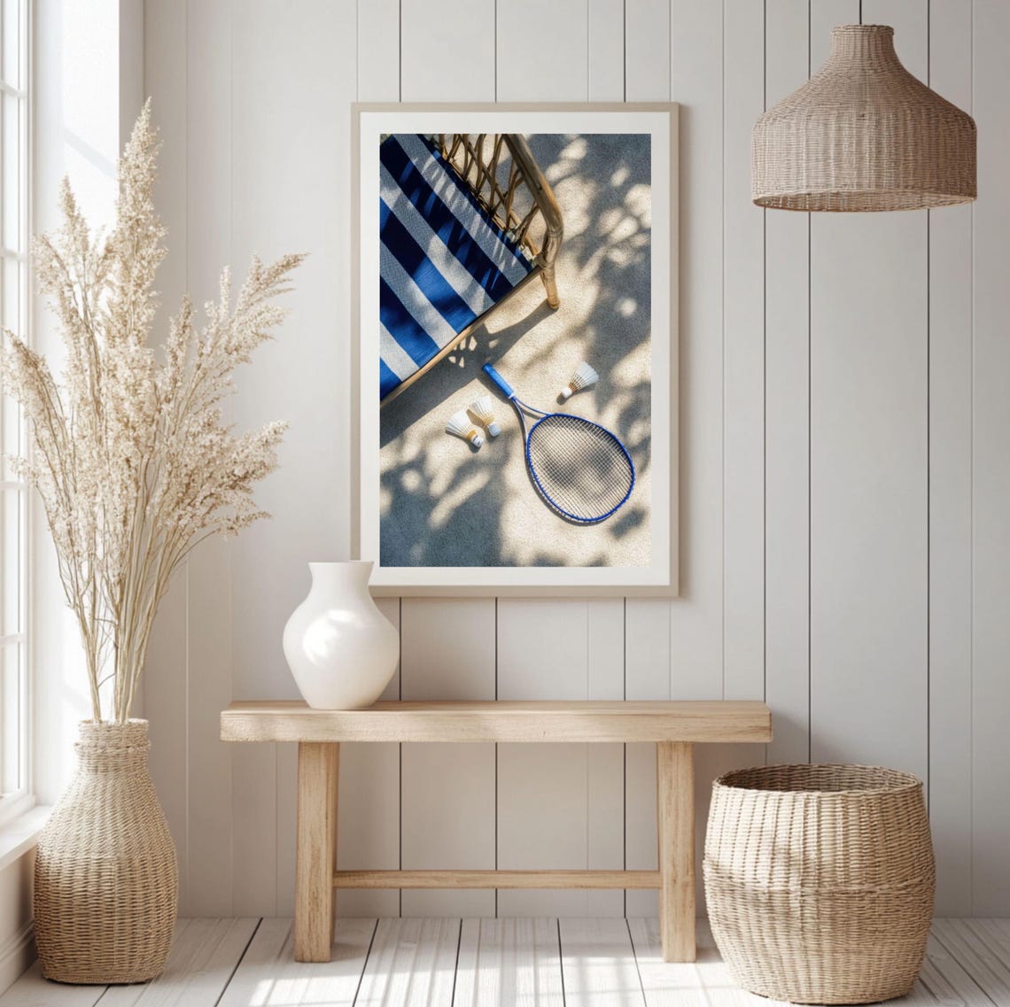 Badminton Racket and Shuttlecocks on a Sunny Beach Photo Poster